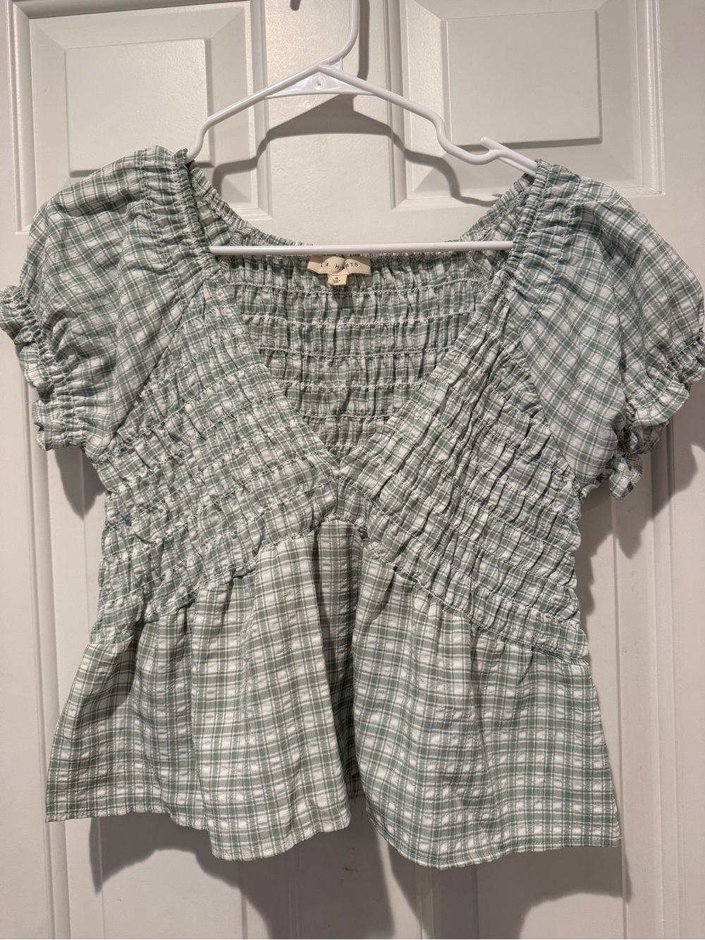 La Hearts Mint Green Plaid Smocked V-Neck Peplum Top